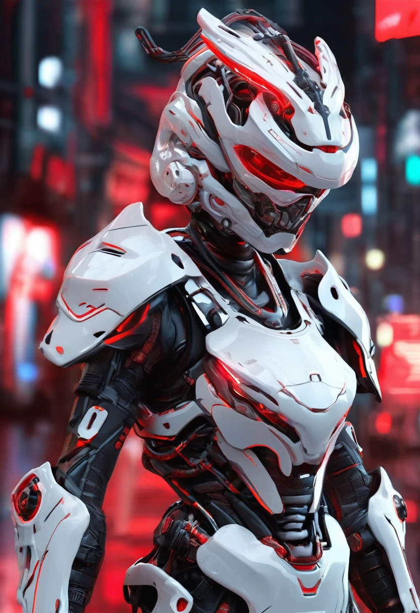 the white cyborg with skull face mask, focus on advanced technology and agility. Equip the Exoskeleton Armor, the Enhanced Sensors for quick repositioning. ultra realistic, 8k uhd, fully weapon gears, solid armor, at center body got nano tech in red neon circle gears, high impact design and concept, big shoulder armour, hold a big hi tech sword with one line neon red color,