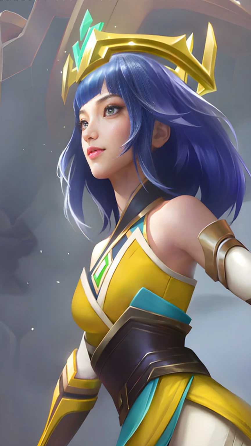 (female:1.2), 8k, ultra hd, ultra detailed texture, hyper realistic, masterpiece, detailed texture, detailed face, detailed skin, detailed lighting, (photorealistic:1.5), best quality, beautiful lighting, cinematic lighting, professional lighting, ultra highres, realistic, detailed hair, real hair, high quality, (realskin:1.5), extremely detailed, finely detail, ultra-detailed, 1girl, solo, elf, pointy ears, standing, demon horns, forehead protector, (red eyes:1.5), v-shapped eyebrow, lips, red lips, evil smile, nose, make up, pretty, beautiful, cute face, long hair, blue hair, high ponytail, large breasts, cleavage, armpit, navel, stomach, black armor, pauldrons, bare shoulders, shoulder armor, thigh high, sleevless, detached sleeves, breastplate, gauntlets, karina \(mobile legends\), depth of field, looking aways, white skin, skin tight, amazing pose, outdoors, glowing, dark view, blurry background