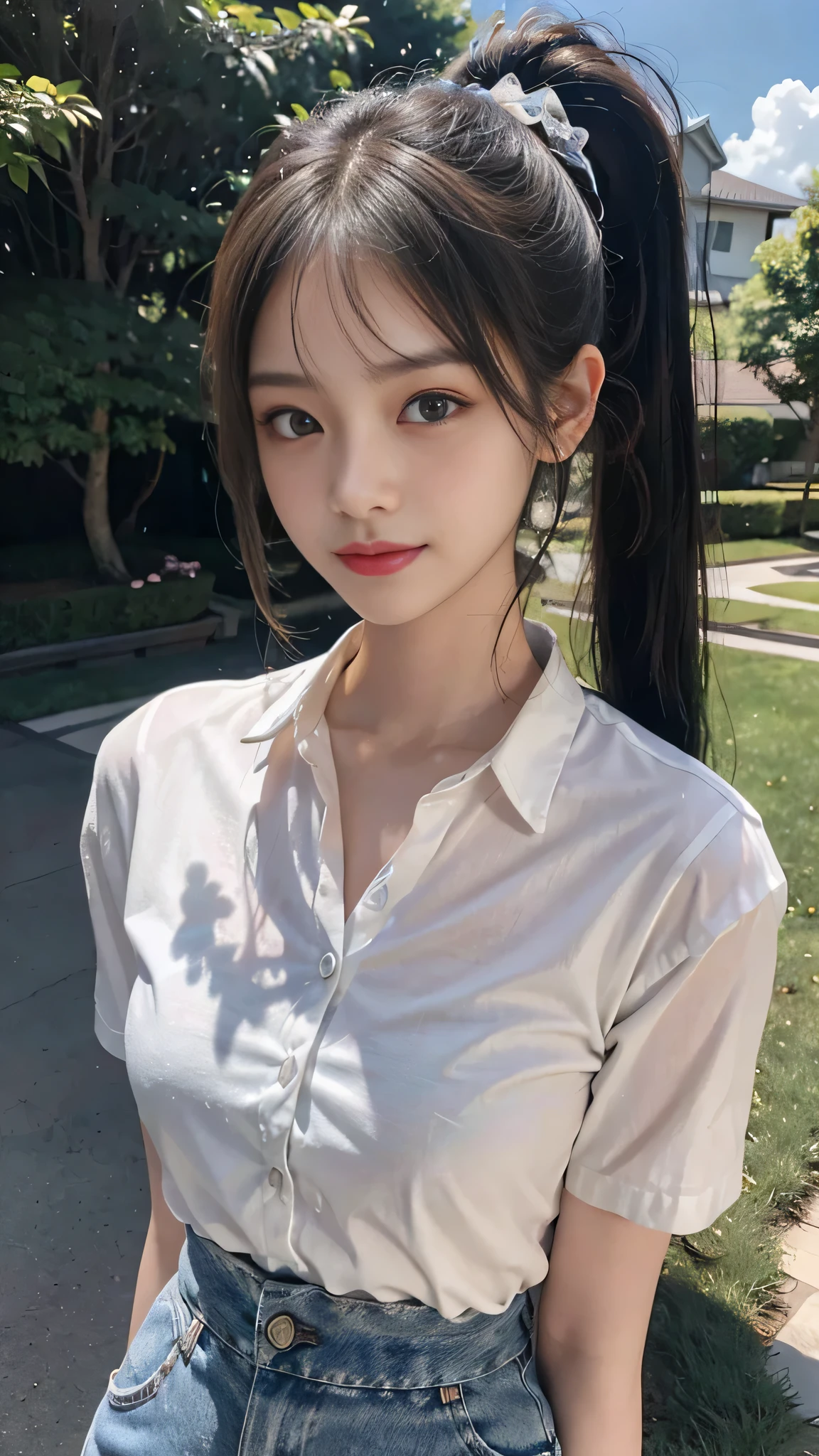 White collared shirt,jeans,Park,On the lawn,Close up face,One woman,masutepiece, The highest image quality, High quality, the background is clear,Beautiful woman, Japanese,Ultra-detailed, finely detail, hight resolution, 8K Wallpaper, Perfect dynamic composition, Beautiful detailed eyes , Detailed, Detailed eyes, Detailed skin, Beautiful skin, 超hight resolution, (reality: 1.4),Very beautiful woman, Slightly younger face, Beautiful skin, slender, (Ultra photo realsisim), (hight resolution), (8K), (Very detailed) (beautifully detailed eyes), (super detailed), (Detailed face), view the viewer, Fine details, Detailed face, Staring straight ahead, Staring straight ahead, photos realistic, Bright lighting, Professional Lighting, Black hair,poneyTail,a baby face,fourteen years old,Hairstyle: ponytail,Long ponytail hairstyle,slight smile,neat and tidy clothing,Beautiful Japanese KPOP idol photo, hair style is ponytail, my eyes are double and wide, baby face, smile and look straight ahead, slender, small breasts,Close up face,
