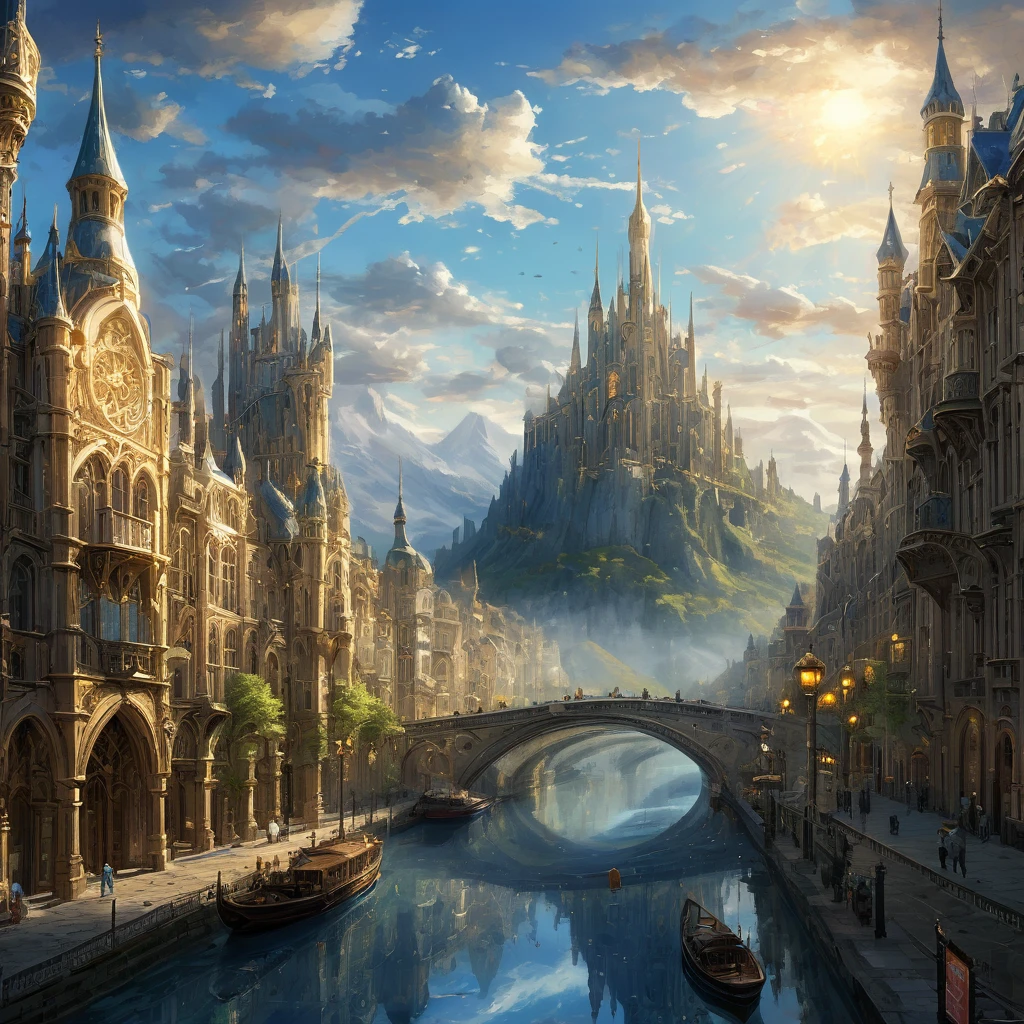 Create an incredibly amazing and fantastical image with "Award Winning Details 10K Resolution." Imagine an elaborate fantasy cityscape set in a vibrant, magical world. The city is built on multiple levels, with towering spires, grandiose castles, and intricate bridges connecting various parts of the city. Each building is adorned with detailed carvings, ornate balconies, and stained glass windows that capture and refract the light.
In the foreground, a majestic river winds through the city, its crystal-clear waters reflecting the stunning architecture and the bustling activity along its banks. The river is crossed by elegantly arched bridges, each one a masterpiece of engineering and artistry.
On the streets and plazas, a diverse array of fantastical creatures and beings are engaged in their daily activities. There are merchants selling exotic goods, street performers entertaining crowds, and scholars studying ancient texts. Each character is rendered with incredible detail, from the textures of their clothing to the expressions on their faces.
The sky above is a breathtaking display of colors, with floating islands and airships adding to the sense of wonder and adventure. The light from multiple suns casts a warm, golden glow over the scene, highlighting the intricate details and textures of the buildings and landscapes.
In the background, towering mountains and lush forests frame the city, adding depth and a sense of grandeur. The natural elements are depicted with the same level of detail as the city, from the individual leaves on the trees to the rugged textures of the mountain cliffs.
The color palette should be rich and varied, with vibrant hues that capture the magical essence of the world. Use detailed, flowing lines to capture the intricate beauty and complexity of the scene, ensuring that every element is rendered with award-winning clarity and precision.