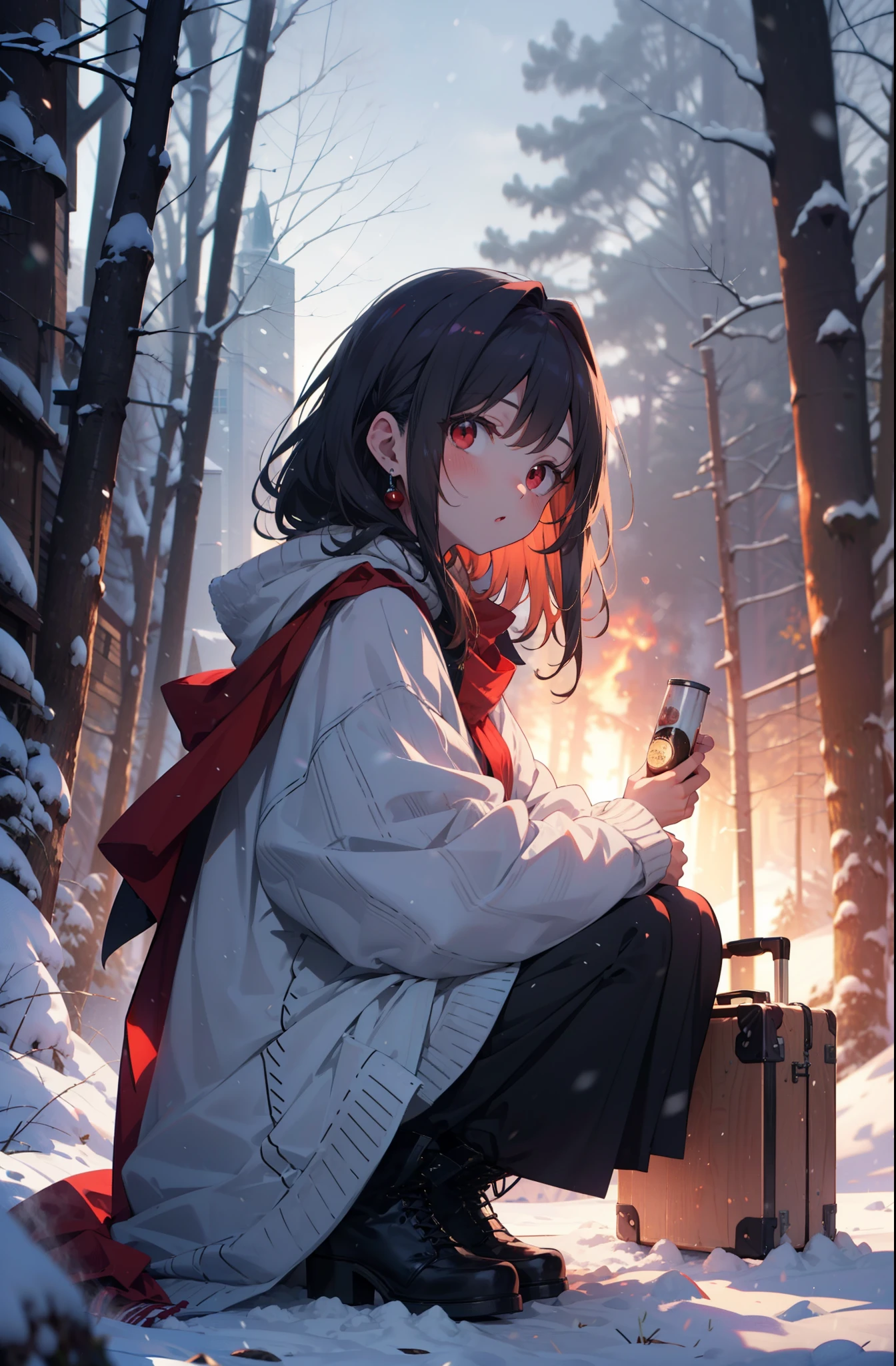yuukikonno, Yuki Konno, hair band, Long Hair, Pointed Ears, Purple Hair, (Red eyes:1.5), (Small breasts:1.2),blush,White Breath, Open your mouth,snow, Bonfire, Outdoor, boots, snowing, From the side, 地面でBonfireをしている,wood, suitcase, Cape, Blurred, forest, nature, Brown eyes, , Squat, Mouth closed, ,Cape, winter, Written boundary depth, Black shoes, red Cape
break looking at viewer, Upper Body, whole body,
break Outdoor, forest, nature,
break (masterpiece:1.2), Highest quality, High resolution, unity 8k wallpaper, (shape:0.8), (Beautiful and beautiful eyes:1.6), Highly detailed face, Perfect lighting, Extremely detailed CG, (Perfect hands, Perfect Anatomy),
