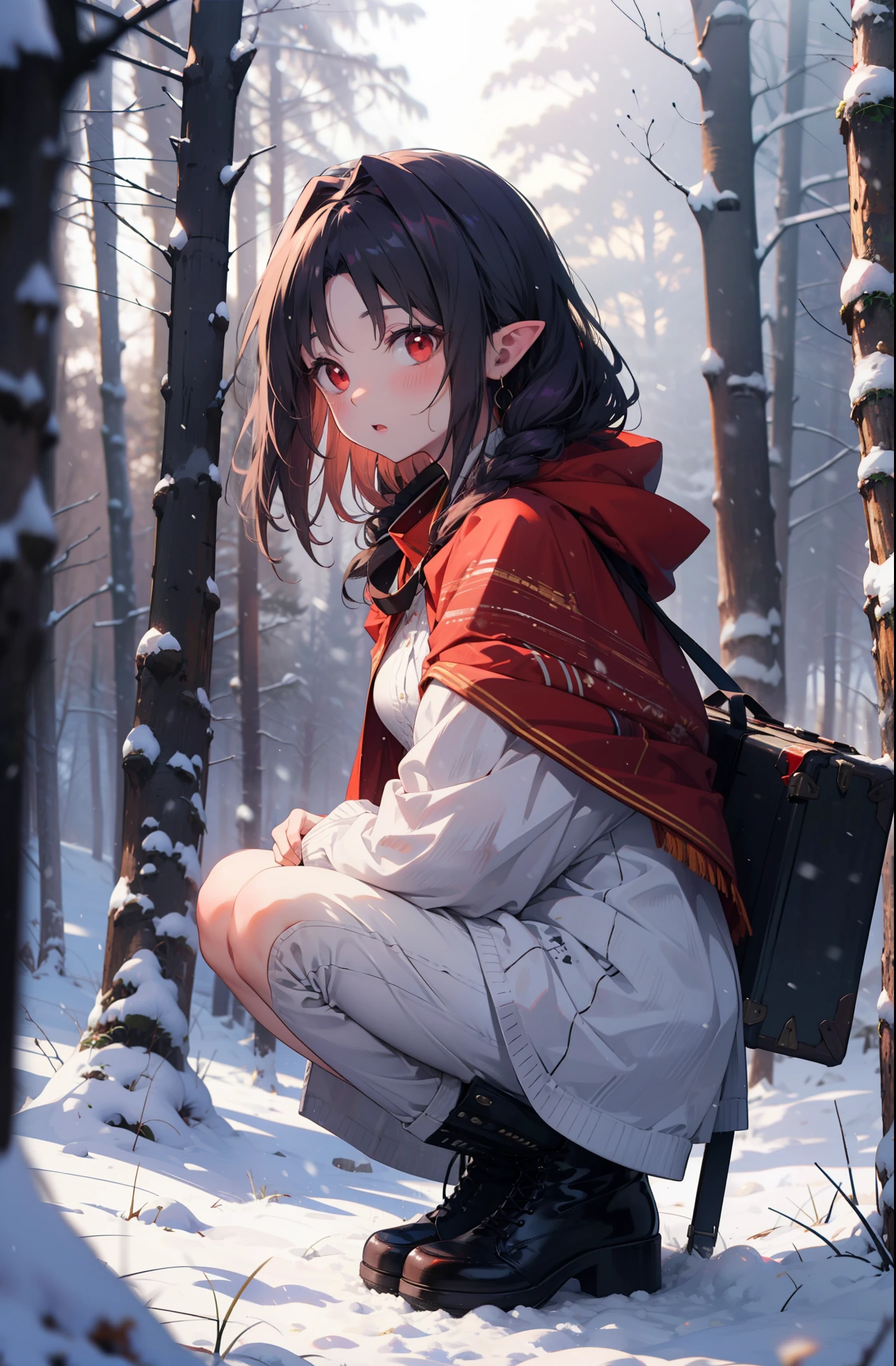 yuukikonno, Yuki Konno, hair band, Long Hair, Pointed Ears, Purple Hair, (Red eyes:1.5), (Small breasts:1.2),blush,White Breath, Open your mouth,snow, Bonfire, Outdoor, boots, snowing, From the side, 地面でBonfireをしている,wood, suitcase, Cape, Blurred, forest,  nature, Brown eyes, , Squat, Mouth closed, ,Cape, winter, Written boundary depth, Black shoes, red Cape
break looking at viewer, Upper Body, whole body,
break Outdoor, forest, nature,
break (masterpiece:1.2), Highest quality, High resolution, unity 8k wallpaper, (shape:0.8), (Beautiful and beautiful eyes:1.6), Highly detailed face, Perfect lighting, Extremely detailed CG, (Perfect hands, Perfect Anatomy),