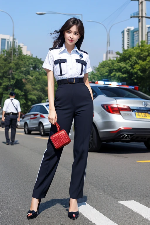 Highest quality、masterpiece、High sensitivity、High resolution、detailed、One Woman、Slim Body、policewoman、Traffic is being sorted、
