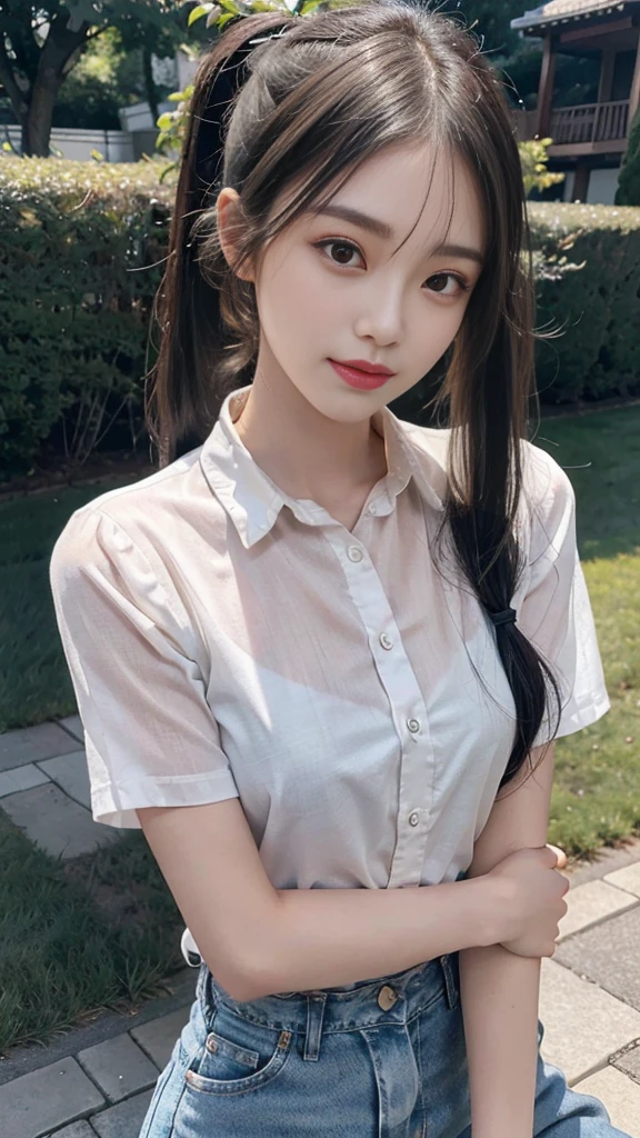 White collared shirt,jeans,Park,On the lawn,Close up face,One woman,masutepiece, The highest image quality, High quality, the background is clear,Beautiful woman, Japanese,Ultra-detailed, finely detail, hight resolution, 8K Wallpaper, Perfect dynamic composition, Beautiful detailed eyes , Detailed, Detailed eyes, Detailed skin, Beautiful skin, 超hight resolution, (reality: 1.4),Very beautiful woman, Slightly younger face, Beautiful skin, slender, (Ultra photo realsisim), (hight resolution), (8K), (Very detailed) (beautifully detailed eyes), (super detailed), (Detailed face), view the viewer, Fine details, Detailed face, Staring straight ahead, Staring straight ahead, photos realistic, Bright lighting, Professional Lighting, Black hair,poneyTail,a baby face,fourteen years old,Hairstyle: ponytail,Long ponytail hairstyle,slight smile,neat and tidy clothing,Beautiful Japanese KPOP idol photo, hair style is ponytail, my eyes are double and wide, baby face, smile and look straight ahead, slender, small breasts,Close up face,