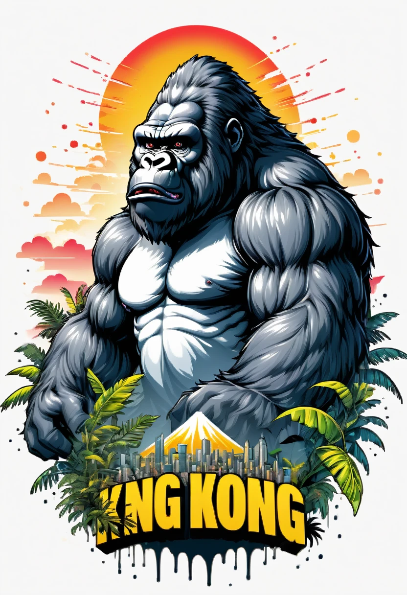 (((white background))), (((SPLASH ART))) intricately detailed t-shirt design ready for print , 2d, ONE HUGE black angry full body KING KONG in foreground Jungle mountains peeks sunset at the background, vibe detailed design for streetwear and urban style t-shirts design, pro vector, (cel-shading style:1.3), inkpunk, (ink lines:1.1), strong outlines, bold traces, high contrast, (cel-shaded:1.1), vector, 32k resolution, best quality,, flat lights,vector t-shirt art ready for print, intricate rich extremely complex ornaments illustration, extremely detailed and complex illustration, high detail, clean lines style, intricate high details, (((white plain background)))