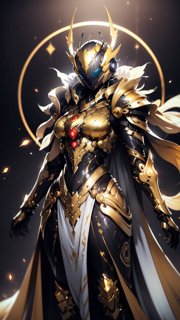 A woman adorned in fantasy-style full-body armor, a crown-concept fully enclosed helmet that unveils only her eyes, a composite layered chest plate, fully encompassing shoulder and hand guards, a lightweight waist armor, form-fitting shin guards, the overall design is heavy-duty yet flexible, (the armor gleams with a golden glow, complemented by red and blue accents), exhibiting a noble aura, she floats above a fantasy-surreal high-tech city, this character embodies a finely crafted fantasy-surreal style armored hero in anime style, exquisite and mature manga art style, (mixture of Queen bee and Spider concept Armor, plasma), ((Element, elegant, goddess, femminine:1.5)), metallic, high definition, best quality, highres, ultra-detailed, ultra-fine painting, extremely delicate, professional, anatomically correct, symmetrical face, extremely detailed eyes and face, high quality eyes, creativity, RAW photo, UHD, 32k, Natural light, cinematic lighting, masterpiece-anatomy-perfect, masterpiece:1.5