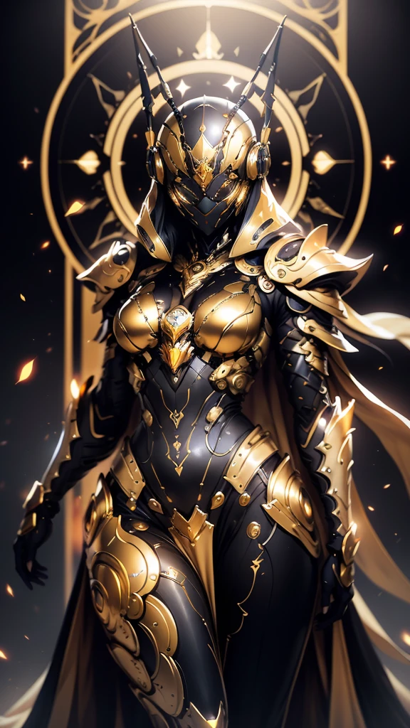 A woman adorned in fantasy-style full-body armor, a crown-concept fully enclosed helmet that unveils only her eyes, a composite layered chest plate, fully encompassing shoulder and hand guards, a lightweight waist armor, form-fitting shin guards, the overall design is heavy-duty yet flexible, (the armor gleams with a golden glow, complemented by red and blue accents), exhibiting a noble aura, she floats above a fantasy-surreal high-tech city, this character embodies a finely crafted fantasy-surreal style armored hero in anime style, exquisite and mature manga art style, (mixture of Queen bee and Spider concept Armor, plasma), ((Element, elegant, goddess, femminine:1.5)), metallic, high definition, best quality, highres, ultra-detailed, ultra-fine painting, extremely delicate, professional, anatomically correct, symmetrical face, extremely detailed eyes and face, high quality eyes, creativity, RAW photo, UHD, 32k, Natural light, cinematic lighting, masterpiece-anatomy-perfect, masterpiece:1.5