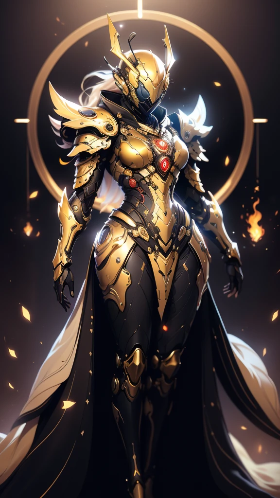 A woman adorned in fantasy-style full-body armor, a crown-concept fully enclosed helmet that unveils only her eyes, a composite layered chest plate, fully encompassing shoulder and hand guards, a lightweight waist armor, form-fitting shin guards, the overall design is heavy-duty yet flexible, (the armor gleams with a golden glow, complemented by red and blue accents), exhibiting a noble aura, she floats above a fantasy-surreal high-tech city, this character embodies a finely crafted fantasy-surreal style armored hero in anime style, exquisite and mature manga art style, (mixture of Queen bee and Spider concept Armor, plasma), ((Element, elegant, goddess, femminine:1.5)), metallic, high definition, best quality, highres, ultra-detailed, ultra-fine painting, extremely delicate, professional, anatomically correct, symmetrical face, extremely detailed eyes and face, high quality eyes, creativity, RAW photo, UHD, 32k, Natural light, cinematic lighting, masterpiece-anatomy-perfect, masterpiece:1.5