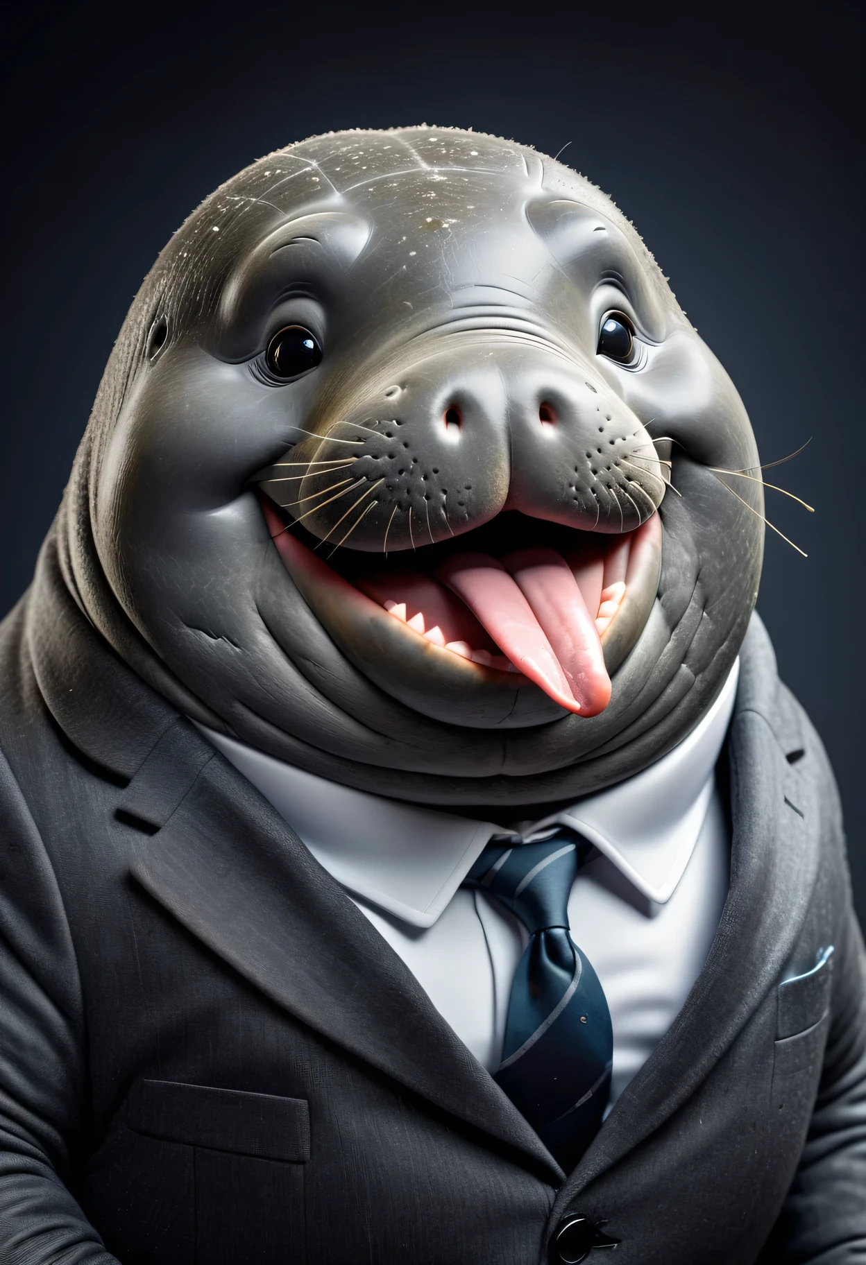 face close up photo of anthropomorphic fat manatee,(furry), (), dressed in a dark gray suit, (sticking out tongue:1.5),(happy smile:1.5),(playful:1.2), soft lighting, Cinematic, hdr, primitive, Intricate, High quality, smoothing tones, Intricate details, Low contrast,(viewed from side:2.0), (looking to the side:1.5), simple background