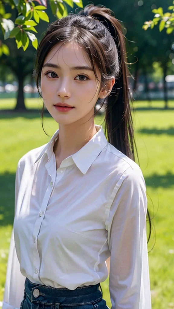 White collared shirt,jeans,outdoors,Urban Park,On the lawn,One woman,close up face,fully body photo,masutepiece, The highest image quality, High quality, the background is clear,Beautiful woman, Japanese, Detailed, Ultra-detailed, finely detail, hight resolution, 8K Wallpaper, Perfect dynamic composition, Beautiful detailed eyes ,Detailed eyes, Detailed skin, Beautiful skin, 超hight resolution, (reality: 1.4),Very beautiful woman, Slightly younger face, Beautiful skin, slender, (Ultra photo realsisim), (hight resolution), (8K), (Very detailed) (beautifully detailed eyes), (super detailed), (Detailed face), view the viewer, Fine details, Detailed face, Staring straight ahead, Staring straight ahead, photos realistic, Bright lighting, Professional Lighting, Black hair,poneyTail,a baby face,sixteen years old,Hairstyle: ponytail,Long ponytail hairstyle,slight smile,
