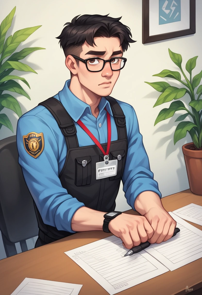 Create a realistic digital portrait of a young man with the following characteristics:
- **Facial Structure:** Oval-shaped face with a well-defined jawline.
- **Eyes:** Almond-shaped, expressive dark brown eyes framed by stylish, clear rectangular glasses.
- **Eyebrows:** Neatly groomed, slightly arched dark eyebrows.
- **Nose:** Straight and proportionate nose.
- **Mouth:** Full lips with a slight natural color.
- **Hair:** Neatly styled, dark black hair with a slight wave, parted to the side.
- **Skin Tone:** Fair and smooth complexion.
- **Outfit:** Wearing a light blue shirt with a black tactical vest, a name badge, and a lanyard. The badge should display an official-looking logo.
- **Expression:** Calm and attentive, suggesting a professional demeanor.
- **Accessories:** Seated at a desk with a nameplate and a small potted plant in the foreground.
This portrait should capture the professional and composed nature of the character in a modern office setting.