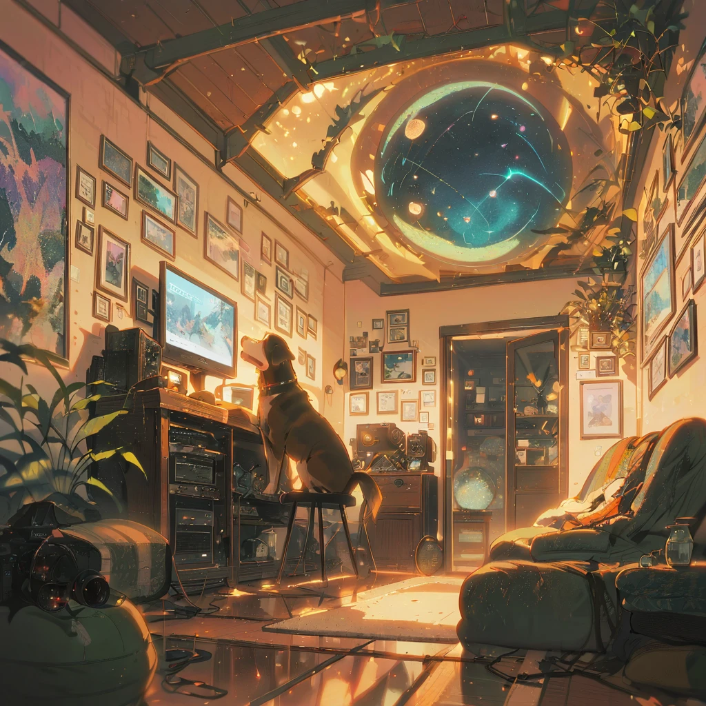 ((anime:1.4,illustration)),(masterpiece, top quality, best quality),(ultra-detailed, absolutely resolution),((16k, high res)), (((Interior, small living room, planetarium on the whole ceiling, boy and dog looking up)) ((cosy lofi illustration:1.4)), ((anime:1.4, illustration)),(masterpiece, top quality, best quality),(ultra-detailed, absolutely resolution),((16k, high res)) BREAK {lofi art, style of Laurie Greasley, style of Makoto Shinkai, anime aesthetic}, BREAK { (produces images with information than 40 million pixels with cinematic-like detailed textures shot on a Sony SLR).}