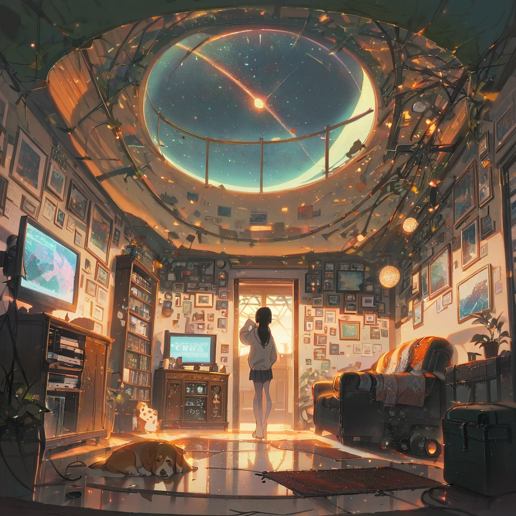 ((anime:1.4,illustration)),(masterpiece, top quality, best quality),(ultra-detailed, absolutely resolution),((16k, high res)), (((Interior, small living room, planetarium on the whole ceiling, boy and dog looking up)) ((cosy lofi illustration:1.4)), ((anime:1.4, illustration)),(masterpiece, top quality, best quality),(ultra-detailed, absolutely resolution),((16k, high res)) BREAK {lofi art, style of Laurie Greasley, style of Makoto Shinkai, anime aesthetic}, BREAK { (produces images with information than 40 million pixels with cinematic-like detailed textures shot on a Sony SLR).}