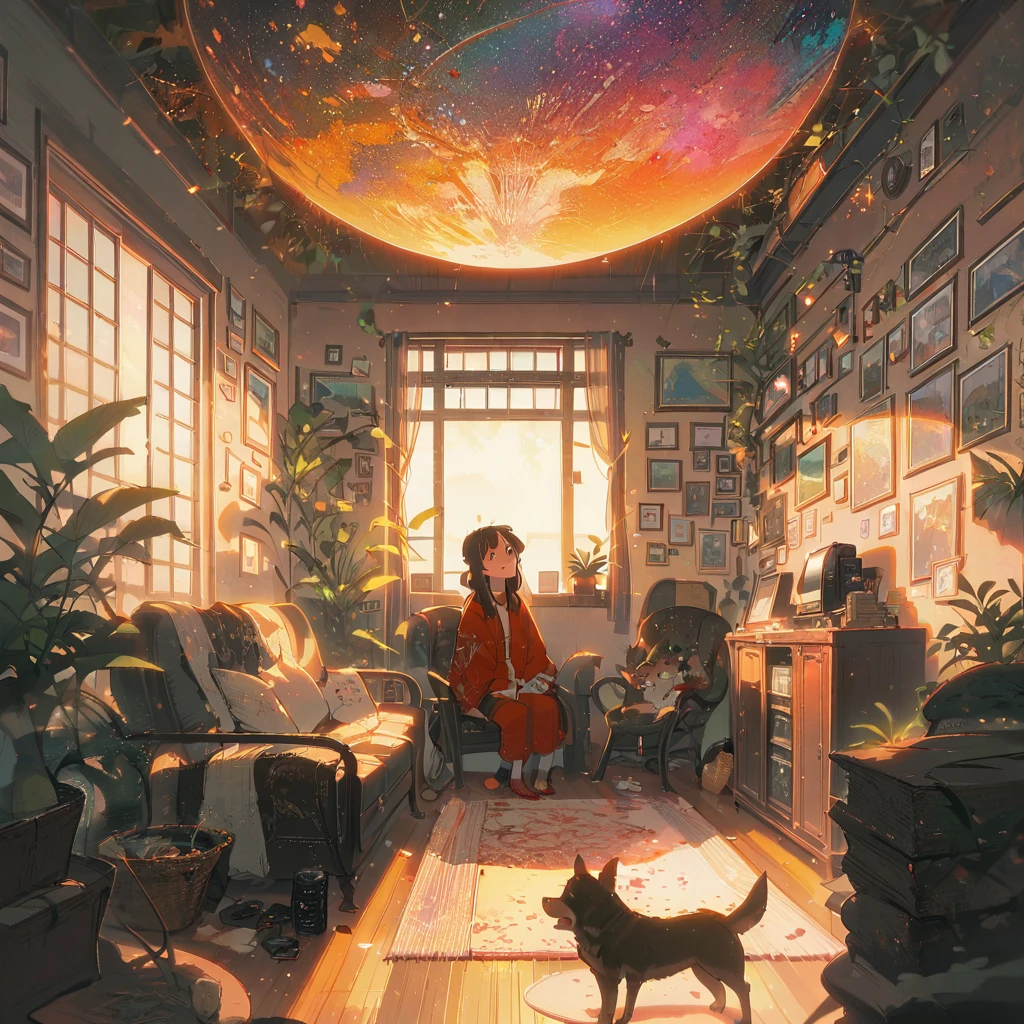 ((anime:1.4,illustration)),(masterpiece, top quality, best quality),(ultra-detailed, absolutely resolution),((16k, high res)), (((Interior, small living room, planetarium on the whole ceiling, boy and dog looking up)) ((cosy lofi illustration:1.4)), ((anime:1.4, illustration)),(masterpiece, top quality, best quality),(ultra-detailed, absolutely resolution),((16k, high res)) BREAK {lofi art, style of Laurie Greasley, style of Makoto Shinkai, anime aesthetic}, BREAK { (produces images with information than 40 million pixels with cinematic-like detailed textures shot on a Sony SLR).}
