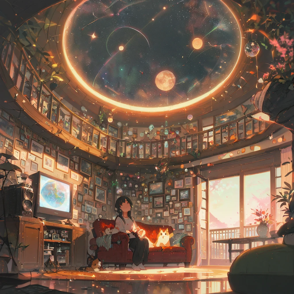 ((anime:1.4,illustration)),(masterpiece, top quality, best quality),(ultra-detailed, absolutely resolution),((16k, high res)), (((Interior, small living room, planetarium on the whole ceiling, boy and dog looking up)) ((cosy lofi illustration:1.4)), ((anime:1.4, illustration)),(masterpiece, top quality, best quality),(ultra-detailed, absolutely resolution),((16k, high res)) BREAK {lofi art, style of Laurie Greasley, style of Makoto Shinkai, anime aesthetic}, BREAK { (produces images with information than 40 million pixels with cinematic-like detailed textures shot on a Sony SLR).}