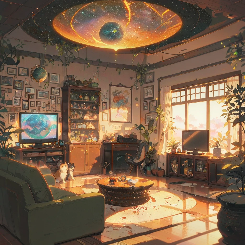 ((anime:1.4,illustration)),(masterpiece, top quality, best quality),(ultra-detailed, absolutely resolution),((16k, high res)), (((Interior, small living room, planetarium on the whole ceiling, boy and dog looking up)) ((cosy lofi illustration:1.4)), ((anime:1.4, illustration)),(masterpiece, top quality, best quality),(ultra-detailed, absolutely resolution),((16k, high res)) BREAK {lofi art, style of Laurie Greasley, style of Makoto Shinkai, anime aesthetic}, BREAK { (produces images with information than 40 million pixels with cinematic-like detailed textures shot on a Sony SLR).}