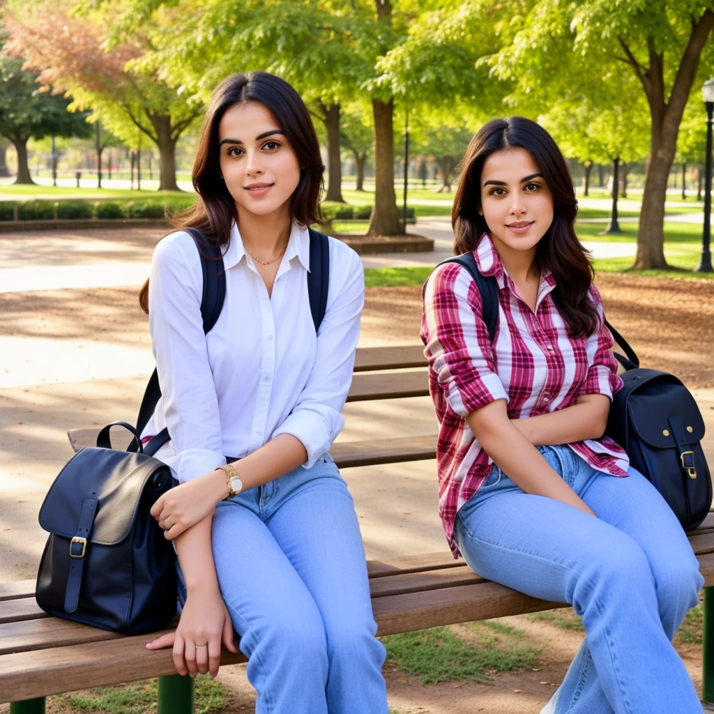 araffe sitting on a bench in a park with a backpack, sitting on a park bench, sitting on bench, casual photography, casual pose, sitting on a bench, candid picture, at a park, with lovely look, wearing a flannel shirt, in a park, stylish, stylish pose, attractive girl, sit on a bench, beautiful image, edited, 