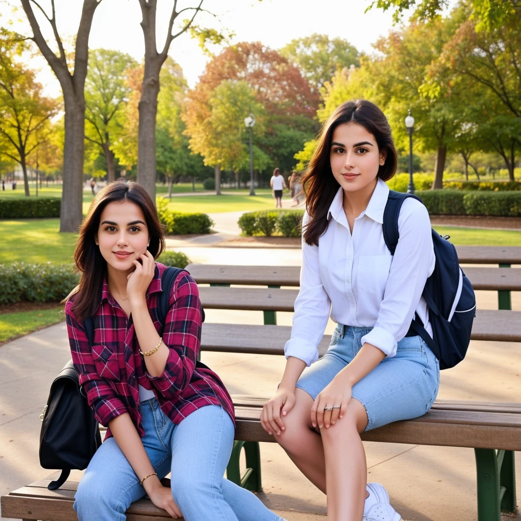 araffe sitting on a bench in a park with a backpack, sitting on a park bench, sitting on bench, casual photography, casual pose, sitting on a bench, candid picture, at a park, with lovely look, wearing a flannel shirt, in a park, stylish, stylish pose, attractive girl, sit on a bench, beautiful image, edited, 