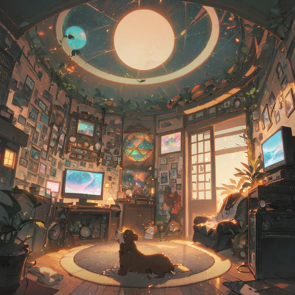 ((anime:1.4,illustration)),(masterpiece, top quality, best quality),(ultra-detailed, absolutely resolution),((16k, high res)), (((Interior, small living room, planetarium on the whole ceiling, boy and dog looking up)) ((cosy lofi illustration:1.4)), ((anime:1.4, illustration)),(masterpiece, top quality, best quality),(ultra-detailed, absolutely resolution),((16k, high res)) BREAK {lofi art, style of Laurie Greasley, style of Makoto Shinkai, anime aesthetic}, BREAK { (produces images with information than 40 million pixels with cinematic-like detailed textures shot on a Sony SLR).}