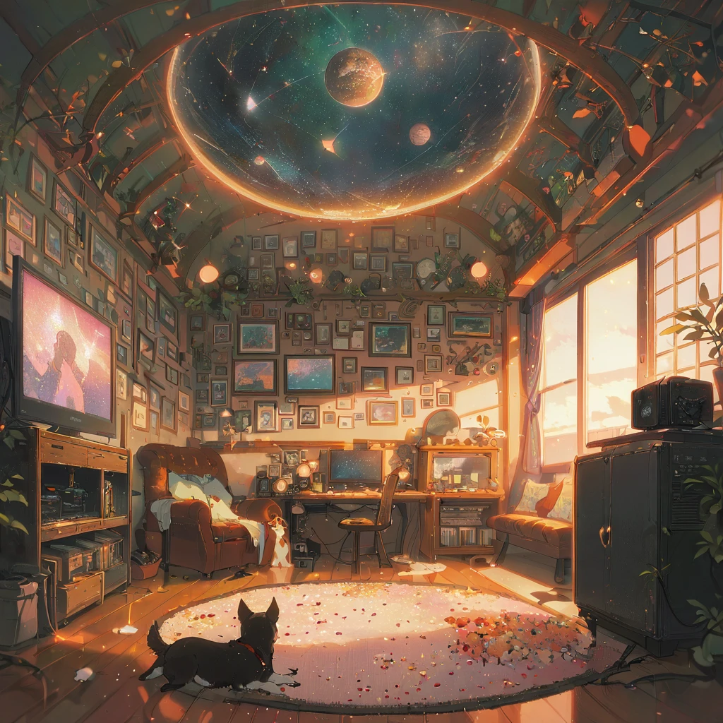 ((anime:1.4,illustration)),(masterpiece, top quality, best quality),(ultra-detailed, absolutely resolution),((16k, high res)), (((Interior, small living room, planetarium on the whole ceiling, boy and dog looking up)) ((cosy lofi illustration:1.4)), ((anime:1.4, illustration)),(masterpiece, top quality, best quality),(ultra-detailed, absolutely resolution),((16k, high res)) BREAK {lofi art, style of Laurie Greasley, style of Makoto Shinkai, anime aesthetic}, BREAK { (produces images with information than 40 million pixels with cinematic-like detailed textures shot on a Sony SLR).}