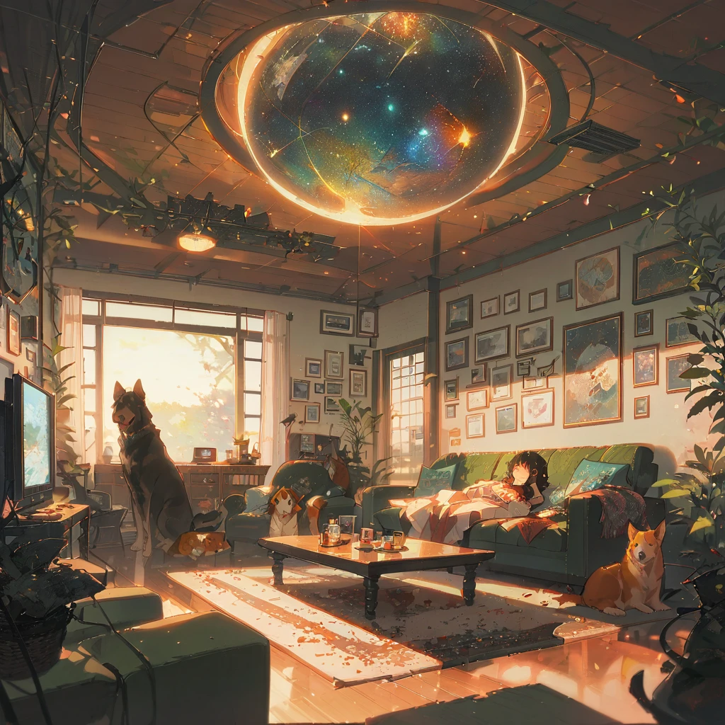 ((anime:1.4,illustration)),(masterpiece, top quality, best quality),(ultra-detailed, absolutely resolution),((16k, high res)), (((Interior, small living room, planetarium on the whole ceiling, boy and dog looking up)) ((cosy lofi illustration:1.4)), ((anime:1.4, illustration)),(masterpiece, top quality, best quality),(ultra-detailed, absolutely resolution),((16k, high res)) BREAK {lofi art, style of Laurie Greasley, style of Makoto Shinkai, anime aesthetic}, BREAK { (produces images with information than 40 million pixels with cinematic-like detailed textures shot on a Sony SLR).}