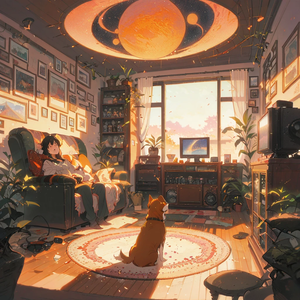 ((anime:1.4,illustration)),(masterpiece, top quality, best quality),(ultra-detailed, absolutely resolution),((16k, high res)), (((Interior, small living room, planetarium on the whole ceiling, boy and dog looking up)) ((cosy lofi illustration:1.4)), ((anime:1.4, illustration)),(masterpiece, top quality, best quality),(ultra-detailed, absolutely resolution),((16k, high res)) BREAK {lofi art, style of Laurie Greasley, style of Makoto Shinkai, anime aesthetic}, BREAK { (produces images with information than 40 million pixels with cinematic-like detailed textures shot on a Sony SLR).}