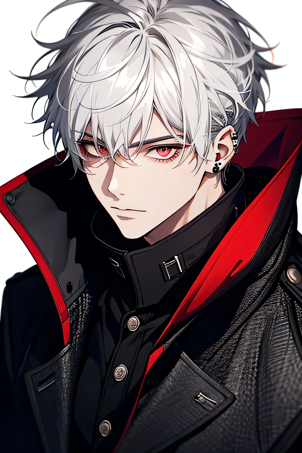 1male, calm, age 25 face, short messy with bangs, white hair, Red colored eyes, Black Coat, black clothes, black background, adult face, modern times, close up, instrument, ear piercing