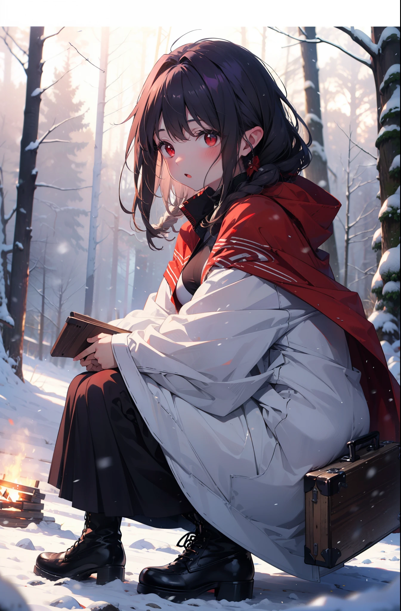 yuukikonno, Yuki Konno, hair band, Long Hair, Pointed Ears, Purple Hair, (Red eyes:1.5), (Small breasts:1.2),blush,White Breath, Open your mouth,snow, Bonfire, Outdoor, boots, snowing, From the side, 地面でBonfireをしている,wood, suitcase, Cape, Blurred, forest,  nature, Brown eyes, , Squat, Mouth closed, ,Cape, winter, Written boundary depth, Black shoes, red Cape
break looking at viewer, Upper Body, whole body,
break Outdoor, forest, nature,
break (masterpiece:1.2), Highest quality, High resolution, unity 8k wallpaper, (shape:0.8), (Beautiful and beautiful eyes:1.6), Highly detailed face, Perfect lighting, Extremely detailed CG, (Perfect hands, Perfect Anatomy),