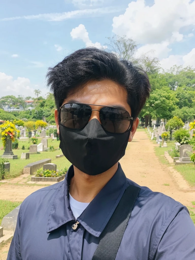 boyband, handsome guy, masculine man, wearing a black mask and sunglasses standing in a cemetery, a picture by Abidin Dino, reddit, realism, wearing facemask and sunglasses, wearing all black mempo mask, wearing facemask, wearing mask, profile picture 1024px, nivanh chanthara, wearing a mask, with accurate face, ramil sunga