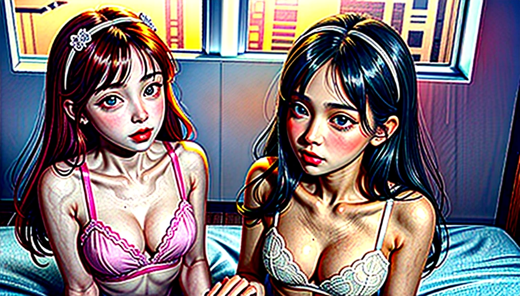 (Cute and adorable teenage girls in a playful slumber), (detailed and dainty), (shoujo-ai theme), (two girls on a single bed), (wearing matching lacy underwear), (tickling game), (anime-inspired style), (innocently sweet and hot), (curvaceous with chubby cheeks, sparkling eyes, and full lips), (high-resolution, top-quality medium), (ultra-fine lines and colors for dainty details), (dildo and masturbation sensually implied), (NSFW), (vibrant and lively illustration).