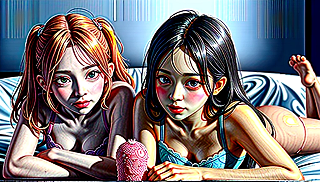 (Cute and adorable age girls in a playful slumber), (detailed and dainty), (shoujo-ai theme), (two girls on a single bed), (wearing matching lacy underwear), (tickling game), (anime-inspired style), (innocently sweet and hot), (curvaceous with chubby cheeks, sparkling eyes, and full lips), (high-resolution, top-quality medium), (ultra-fine lines and colors for dainty details), (dild masturbaty implied), (NSFW), (vibrant and lively illustration).