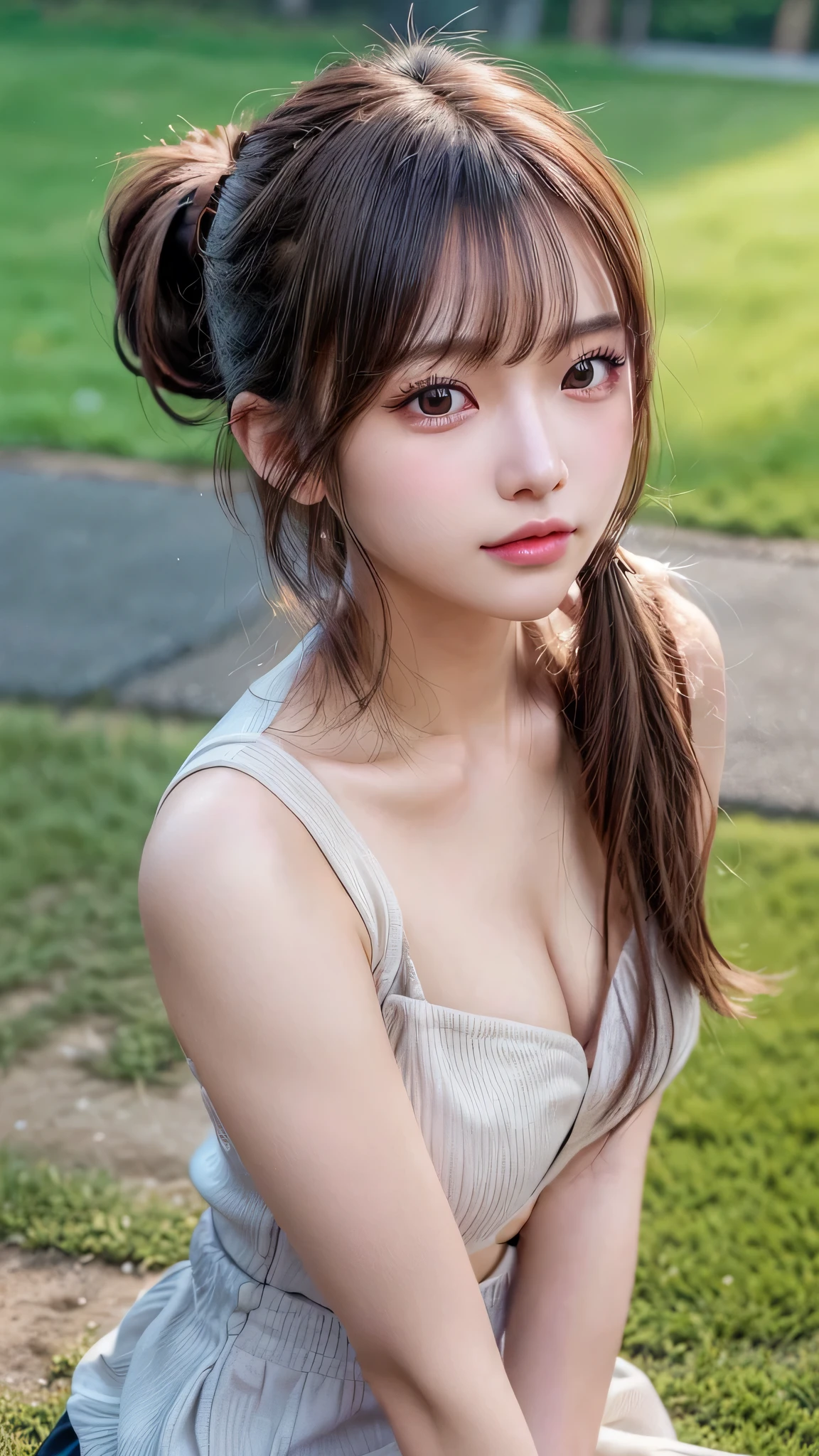One piece with collar,outdoors,Urban Park,On the lawn,Ultra-detailed, finely detail, hight resolution, 8K Wallpaper, Perfect dynamic composition, Beautiful detailed eyes,Outdoor,Close-up of face,Outdoor,Blushing,Facing forward,,Long hair ponytail,((8k, Raw photo, Best Quality, Mastepiece:1.2), (Realism, Photorealistic:1.4), (Highly detailed 8K wallpapers), Depth of written boundary, Cinematic Lighting, Soft Light, Detailed Beauty Eye,Shiny and smooth light brown ponytail, Asymmetrical bangs, Shiny skin, Ultra-detailed skins ,It is high resolution., High detail, Detailed hairstyle, Detailed facial beauty, Hyper-realistic, Perfect limbs, Perfect Anatomy ,1 Japanese girl,Famous Japanese Idols, Perfect female body,A shy smile,Short eyelashes,Double-edged eyelids,Look straight here,Hair style: ponytail,