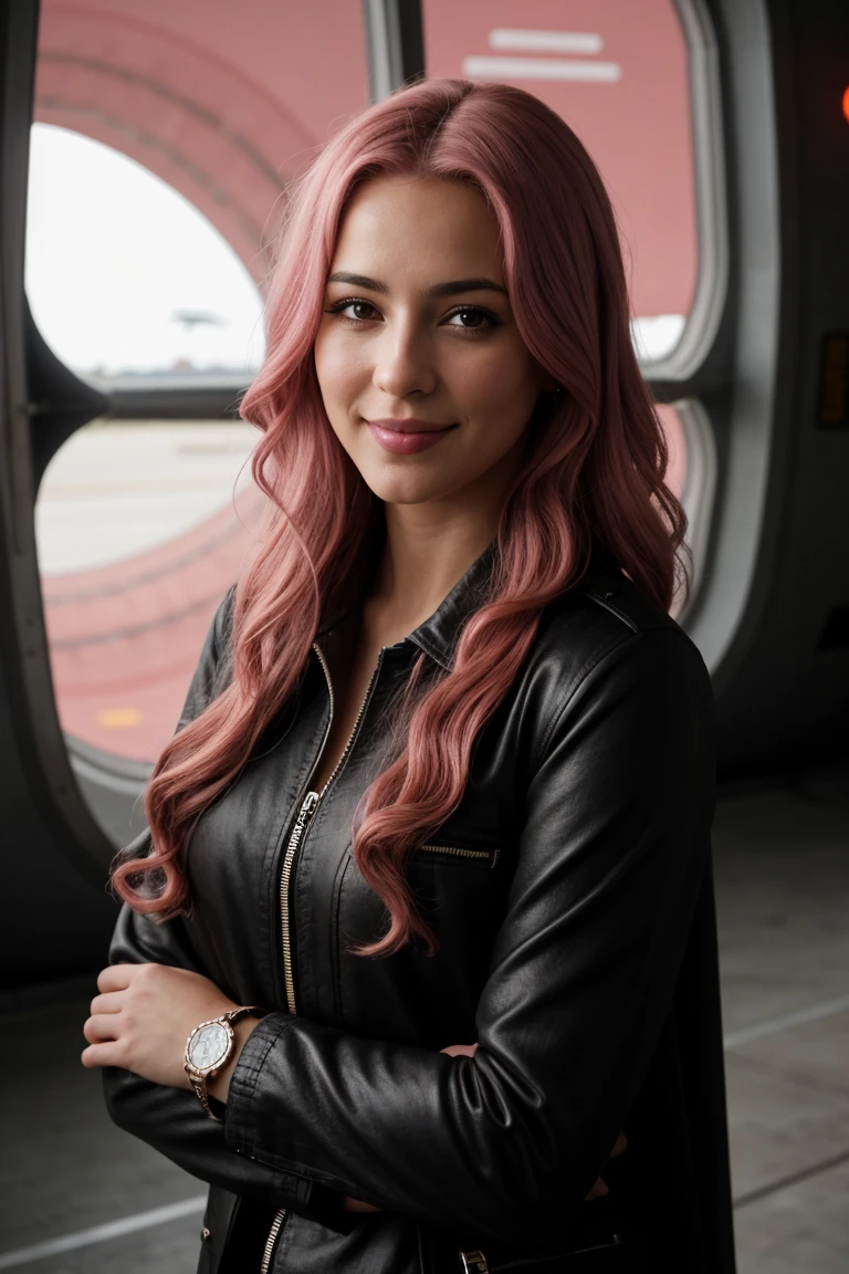 ((cinematic shot)) DV_little finger_Vicious has long curly pink hair and a cute smile and is wearing a heroine outfit. (Inside an airplane hangar overlooking the airfield) explosion, por Christopher Nolan, 35mm, F/2.8, Incredibly detailed and intricate, personaje, hipermaximalista, elegant, florido, hermoso, exotic, revelador, atractivo, atractivo, amatorio, Hyper realistic, super detailed, tendencia en flickr