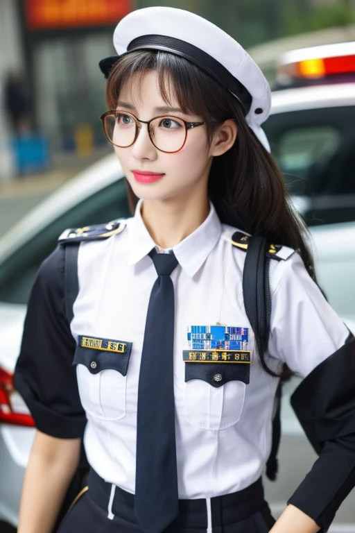 Highest quality、masterpiece、High sensitivity、High resolution、detailed、One Woman、Slim Body、Glasses、policewoman、Traffic is being sorted、