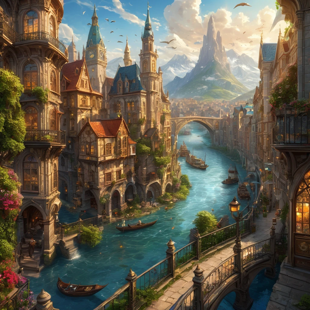 Create an incredibly amazing and fantastical image with "Award Winning Details 10K Resolution." Imagine an elaborate fantasy cityscape set in a vibrant, magical world. The city is built on multiple levels, with towering spires, grandiose castles, and intricate bridges connecting various parts of the city. Each building is adorned with detailed carvings, ornate balconies, and stained glass windows that capture and refract the light.
In the foreground, a majestic river winds through the city, its crystal-clear waters reflecting the stunning architecture and the bustling activity along its banks. The river is crossed by elegantly arched bridges, each one a masterpiece of engineering and artistry.
On the streets and plazas, a diverse array of fantastical creatures and beings are engaged in their daily activities. There are merchants selling exotic goods, street performers entertaining crowds, and scholars studying ancient texts. Each character is rendered with incredible detail, from the textures of their clothing to the expressions on their faces.
The sky above is a breathtaking display of colors, with floating islands and airships adding to the sense of wonder and adventure. The light from multiple suns casts a warm, golden glow over the scene, highlighting the intricate details and textures of the buildings and landscapes.
In the background, towering mountains and lush forests frame the city, adding depth and a sense of grandeur. The natural elements are depicted with the same level of detail as the city, from the individual leaves on the trees to the rugged textures of the mountain cliffs.
The color palette should be rich and varied, with vibrant hues that capture the magical essence of the world. Use detailed, flowing lines to capture the intricate beauty and complexity of the scene, ensuring that every element is rendered with award-winning clarity and precision.