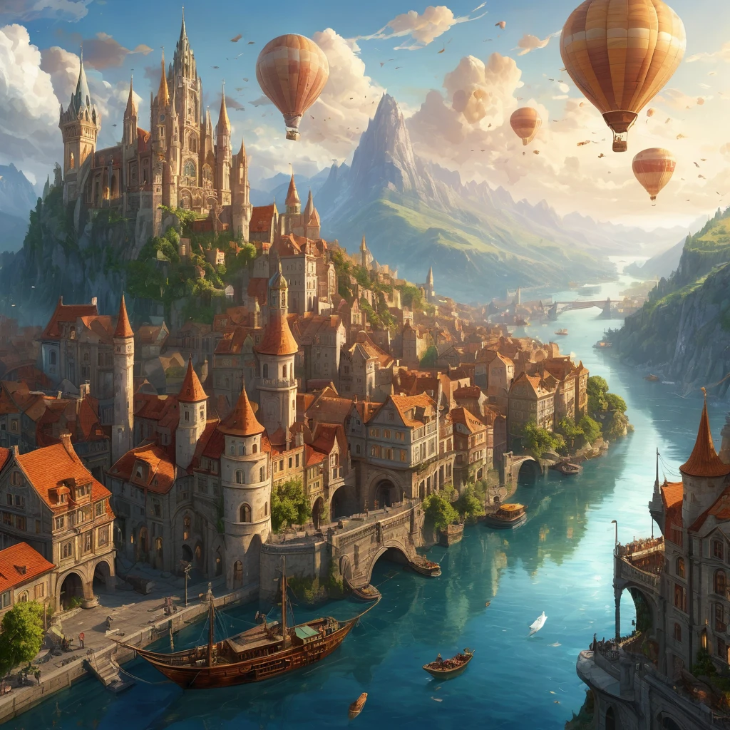 Create an incredibly amazing and fantastical image with "Award Winning Details 10K Resolution." Imagine an elaborate fantasy cityscape set in a vibrant, magical world. The city is built on multiple levels, with towering spires, grandiose castles, and intricate bridges connecting various parts of the city. Each building is adorned with detailed carvings, ornate balconies, and stained glass windows that capture and refract the light.
In the foreground, a majestic river winds through the city, its crystal-clear waters reflecting the stunning architecture and the bustling activity along its banks. The river is crossed by elegantly arched bridges, each one a masterpiece of engineering and artistry.
On the streets and plazas, a diverse array of fantastical creatures and beings are engaged in their daily activities. There are merchants selling exotic goods, street performers entertaining crowds, and scholars studying ancient texts. Each character is rendered with incredible detail, from the textures of their clothing to the expressions on their faces.
The sky above is a breathtaking display of colors, with floating islands and airships adding to the sense of wonder and adventure. The light from multiple suns casts a warm, golden glow over the scene, highlighting the intricate details and textures of the buildings and landscapes.
In the background, towering mountains and lush forests frame the city, adding depth and a sense of grandeur. The natural elements are depicted with the same level of detail as the city, from the individual leaves on the trees to the rugged textures of the mountain cliffs.
The color palette should be rich and varied, with vibrant hues that capture the magical essence of the world. Use detailed, flowing lines to capture the intricate beauty and complexity of the scene, ensuring that every element is rendered with award-winning clarity and precision.