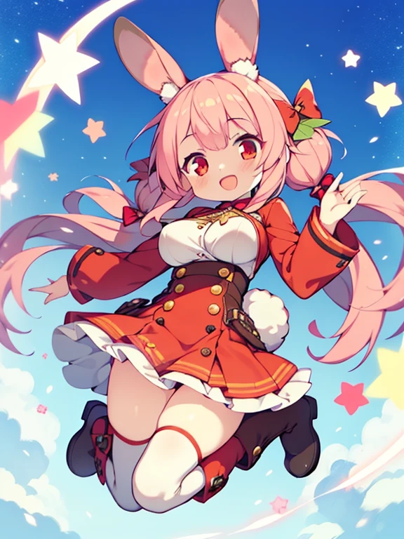 Colorful , masutepiece, Best Quality, 1girl in, , pink hair, long hair, straight hair, rabbit ears, big breasts, High legsuit, jumping, red eyes, open mouth, happy smile, rabbit boots, dynamic angle,