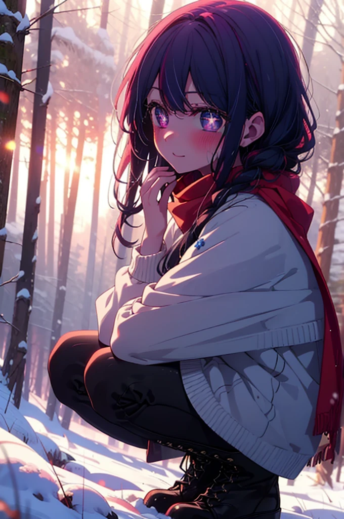 aihoshino, ai hoshino, Long Hair, bangs, (Purple eyes:1.1), Purple Hair, (Symbol-shaped pupil:1.5), smile,,smile,blush,White Breath,
Open your mouth,snow,Ground bonfire, Outdoor, boots, snowing, From the side, wood, suitcase, Cape, Blurred, , forest, White handbag, nature, Squat, Mouth closed, Cape, winter, Written boundary depth, Black shoes, red Cape break looking at viewer, Upper Body, whole body, break Outdoor, forest, nature, break (masterpiece:1.2), Highest quality, High resolution, unity 8k wallpaper, (shape:0.8), (Beautiful and beautiful eyes:1.6), Highly detailed face, Perfect lighting, Extremely detailed CG, (Perfect hands, Perfect Anatomy),