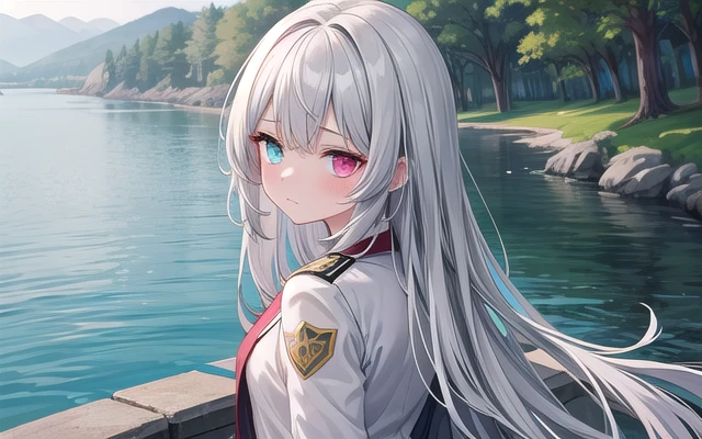 1girlsolo, looking back, very long hair, grey hair, water inner hair, absurdly long hair, embarrassed, emotionless eyes, heterochromic, uniform, outdoors, absurdres, highres,