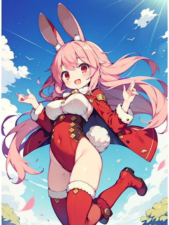 Colorful , masutepiece, Best Quality, 1girl in, , pink hair, long hair, straight hair, rabbit ears, big breasts, High legsuit, jumping, red eyes, open mouth, happy smile, rabbit boots, dynamic angle,
