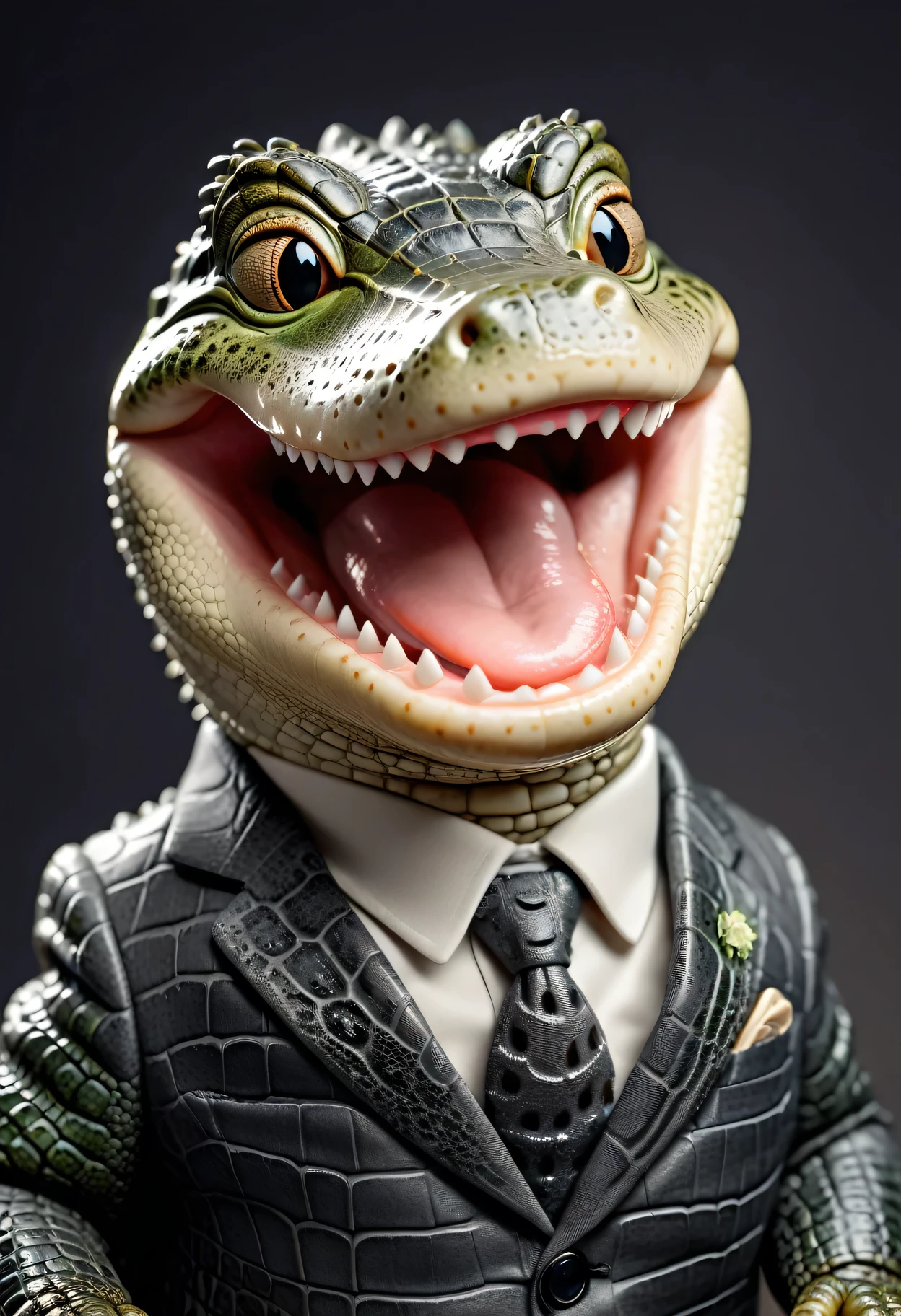 face close up photo of anthropomorphic fat crocodile,(teeth), (), dressed in a dark gray suit, (sticking out tongue:1.5),(happy smile:1.5),(playful:1.2), soft lighting, Cinematic, hdr, primitive, Intricate, High quality, smoothing tones, Intricate details, Low contrast,(viewed from side:2.0), (looking to the side:1.5), simple background