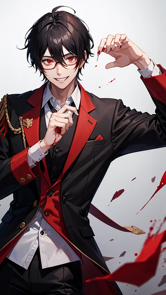 male, black hair, red eyes, blood stains, teacher, wearing glasses,sick smile