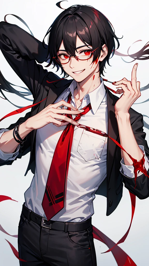 male, black hair, red eyes, blood stains, teacher, wearing glasses,sick smile