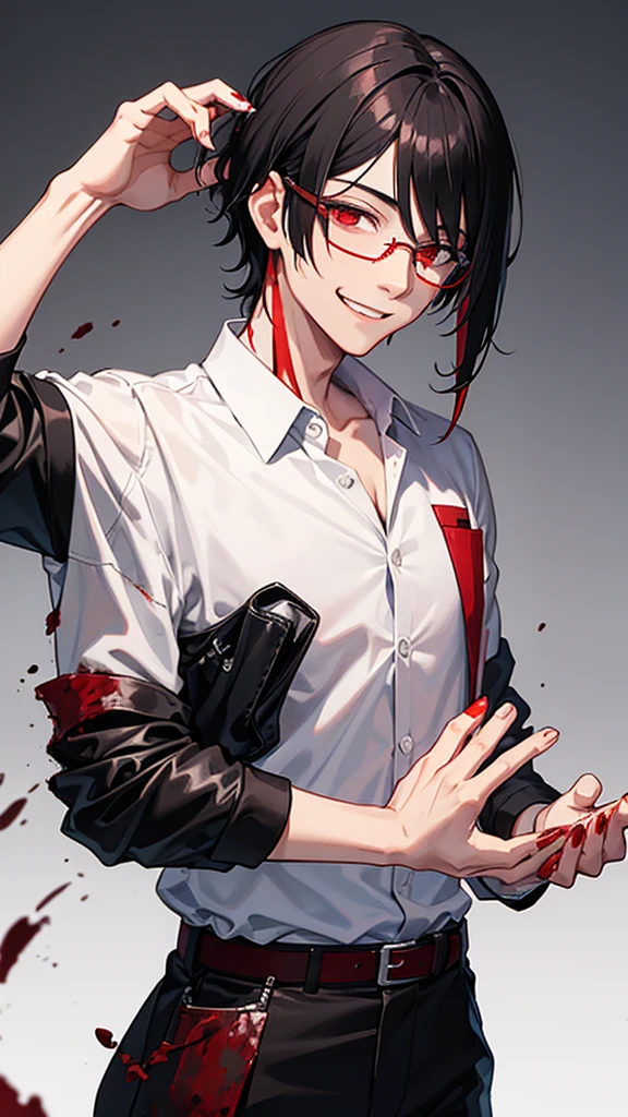 male, black hair, red eyes, blood stains, teacher, wearing glasses,sick smile