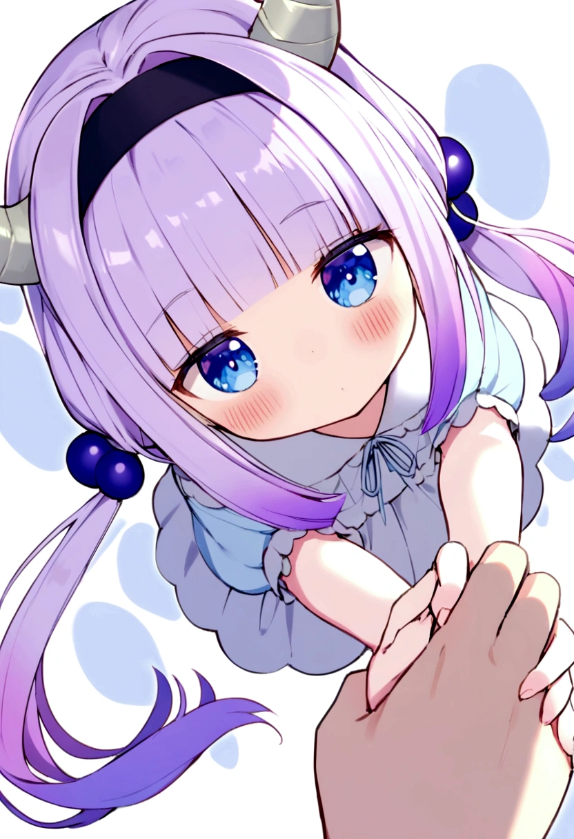 {kanna_kamui_kobayashisanchinomaidragon:1.15}, long_hair, light_purple_hair, blue_eyes, hair_ornament, bangs, blush, multicolored_hair, twintails, blunt_bangs, hair_beads, beads, hairband, gradient_hair, low_twintails, horns, dragon_horns, purple_hair,child's build,bird's-eye view,extend one's arm,Grab my hand.