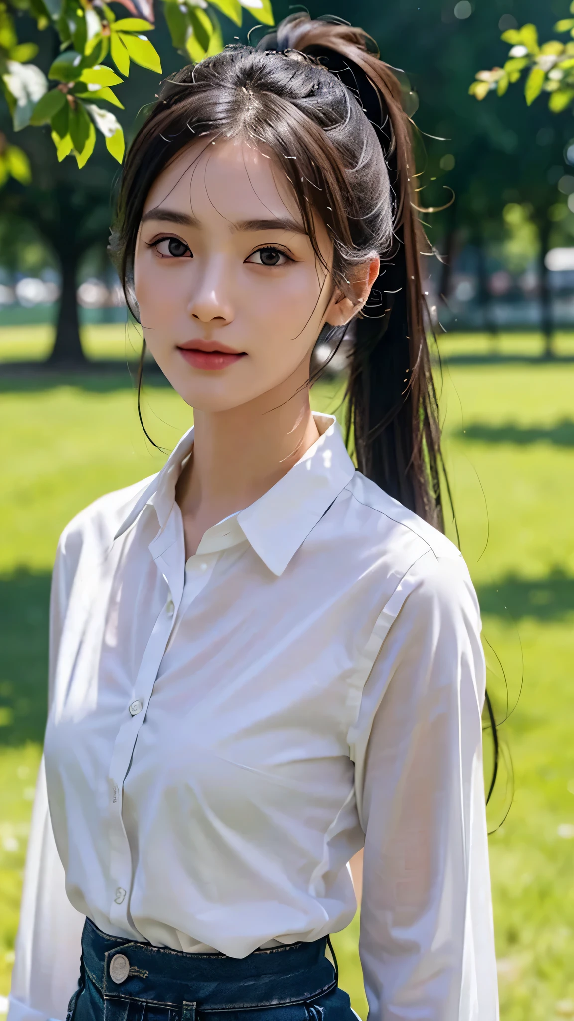 White collared shirt,jeans,outdoors,Urban Park,On the lawn,One woman,close up face,fully body photo,masutepiece, The highest image quality, High quality, the background is clear,Beautiful woman, Japanese, Detailed, Ultra-detailed, finely detail, hight resolution, 8K Wallpaper, Perfect dynamic composition, Beautiful detailed eyes ,Detailed eyes, Detailed skin, Beautiful skin, 超hight resolution, (reality: 1.4),Very beautiful woman, Slightly younger face, Beautiful skin, slender, (Ultra photo realsisim), (hight resolution), (8K), (Very detailed) (beautifully detailed eyes), (super detailed), (Detailed face), view the viewer, Fine details, Detailed face, Staring straight ahead, Staring straight ahead, photos realistic, Bright lighting, Professional Lighting, Black hair,poneyTail,a ,sixteen ye: ponytail,Long ponytail hairstyle,slight smile,