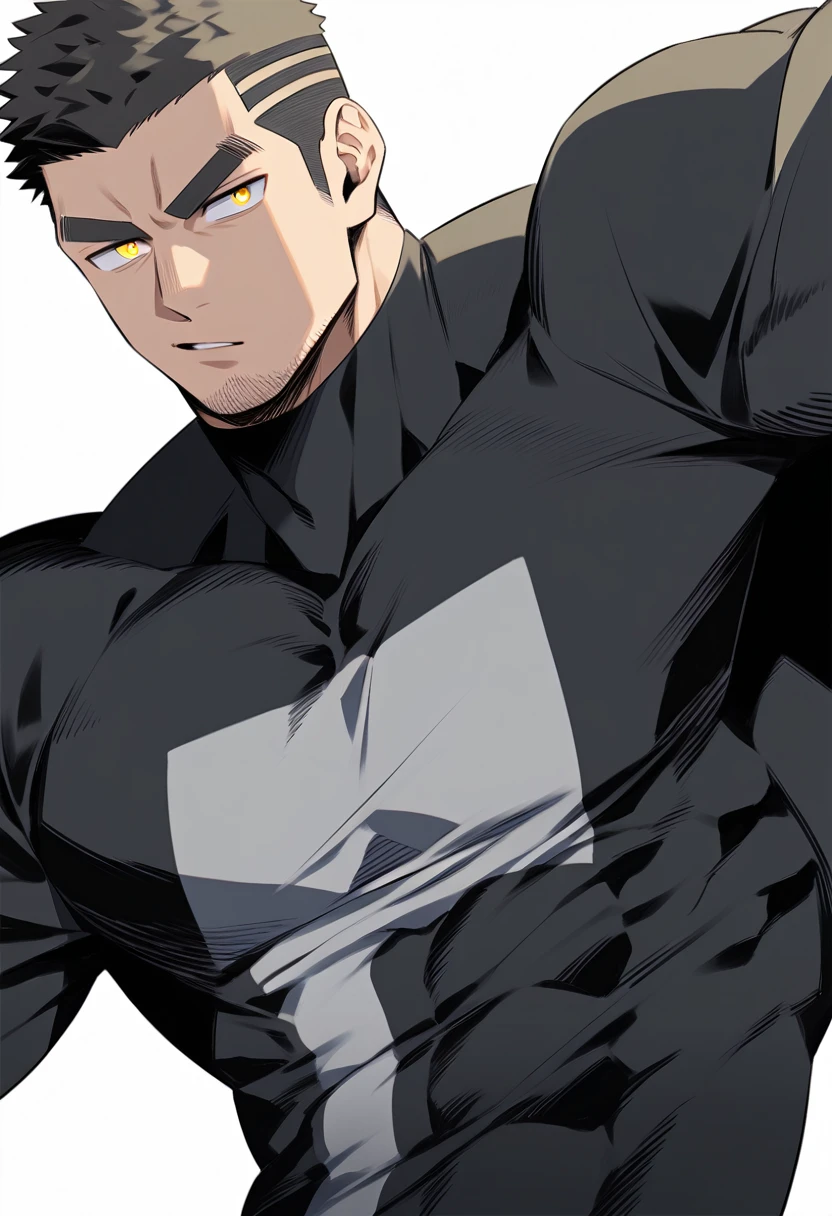 one negro, anime characters:Gyee, Hibino Kafka, One Muscle Sports Student, negro black skin, Very Black, muscular tough guy, Manliness, male focus, Grey long sleeve turtleneck tight t-shirt, Regular symmetrical pattern, Very tight, muscular male, muscular, only, Upper body, alone, Black short hair, Thick eyebrows, stubble, Yellow eyes, White background, simple background, amazing quality, best aesthetics, Ridiculous, bright pupils, crew cut, parted lips, v-shaped eyebrows, jitome, best quality