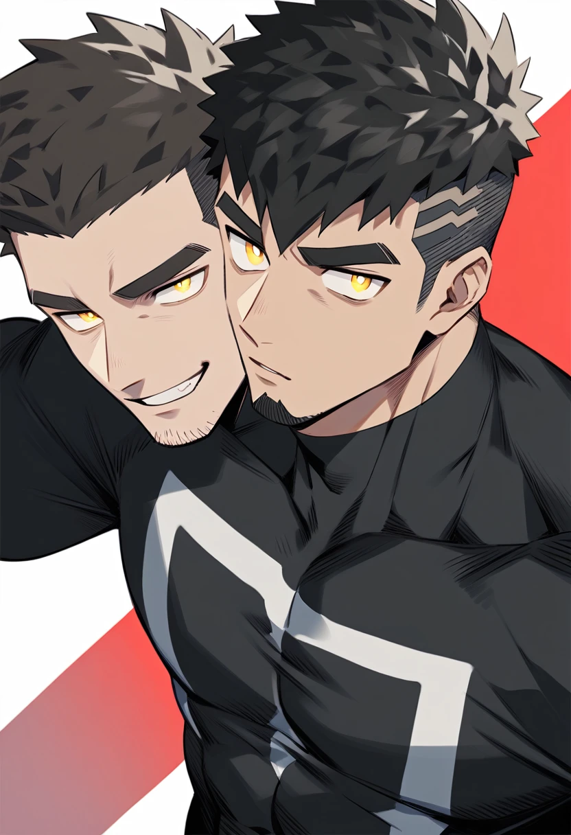 one negro, anime characters:Gyee, Hibino Kafka, One Muscle Sports Student, negro black skin, Very Black, muscular tough guy, Manliness, male focus, Grey long sleeve turtleneck tight t-shirt, Regular symmetrical pattern, Very tight, muscular male, muscular, only, Upper body, alone, Black short hair, Thick eyebrows, stubble, Yellow eyes, White background, simple background, amazing quality, best aesthetics, Ridiculous, bright pupils, crew cut, parted lips, v-shaped eyebrows, jitome, best quality