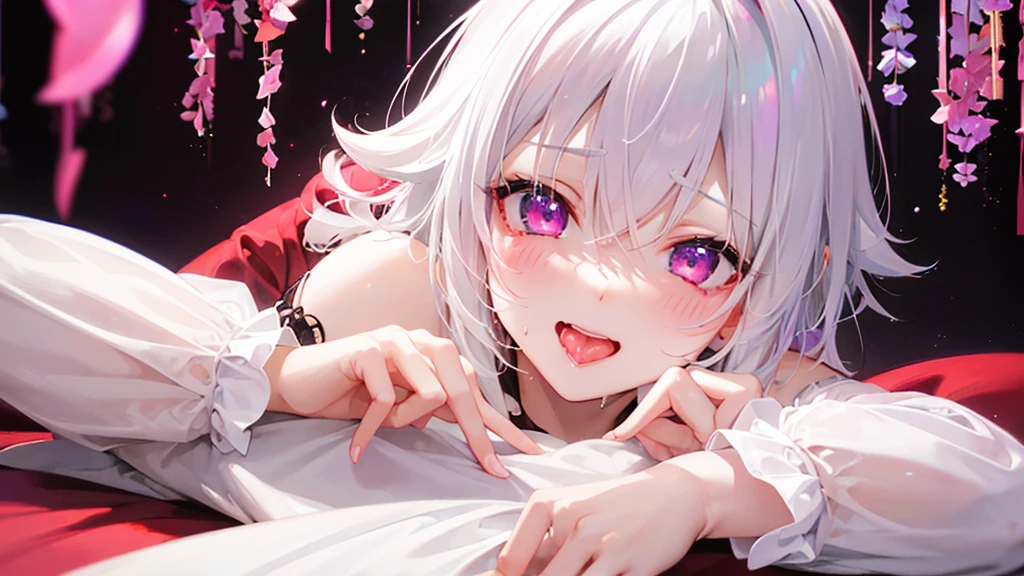White Hair、Pink Eyes、Short Hair、laughing、Only one girl、alone、Cute、Face is close、Night、laughing、At the bed、Blushing、Erotic、Stick your tongue out、Only one person、Sweating
