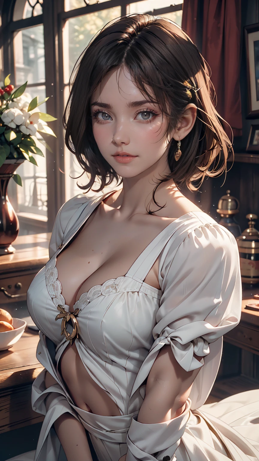 night, Raw photo, (((Very beautiful portrait))), (Very beautiful portrait))), 1 Girl, Sexy 25 year old girl, ((Natural brown short hair)), [Brown eyes],A gentle smile looking at the camera(Cleavage), ((masterpiece, 最high quality, Super detailed, Cinematic lighting, Exquisite detail, High resolution, 8k, Very detailed)), Detailed Background, 8K Ultra HD, Digital SLR, Soft lighting, high quality, Film Grain, Fujifilm XT3, Shallow depth of field, Natural light, Perfect Face